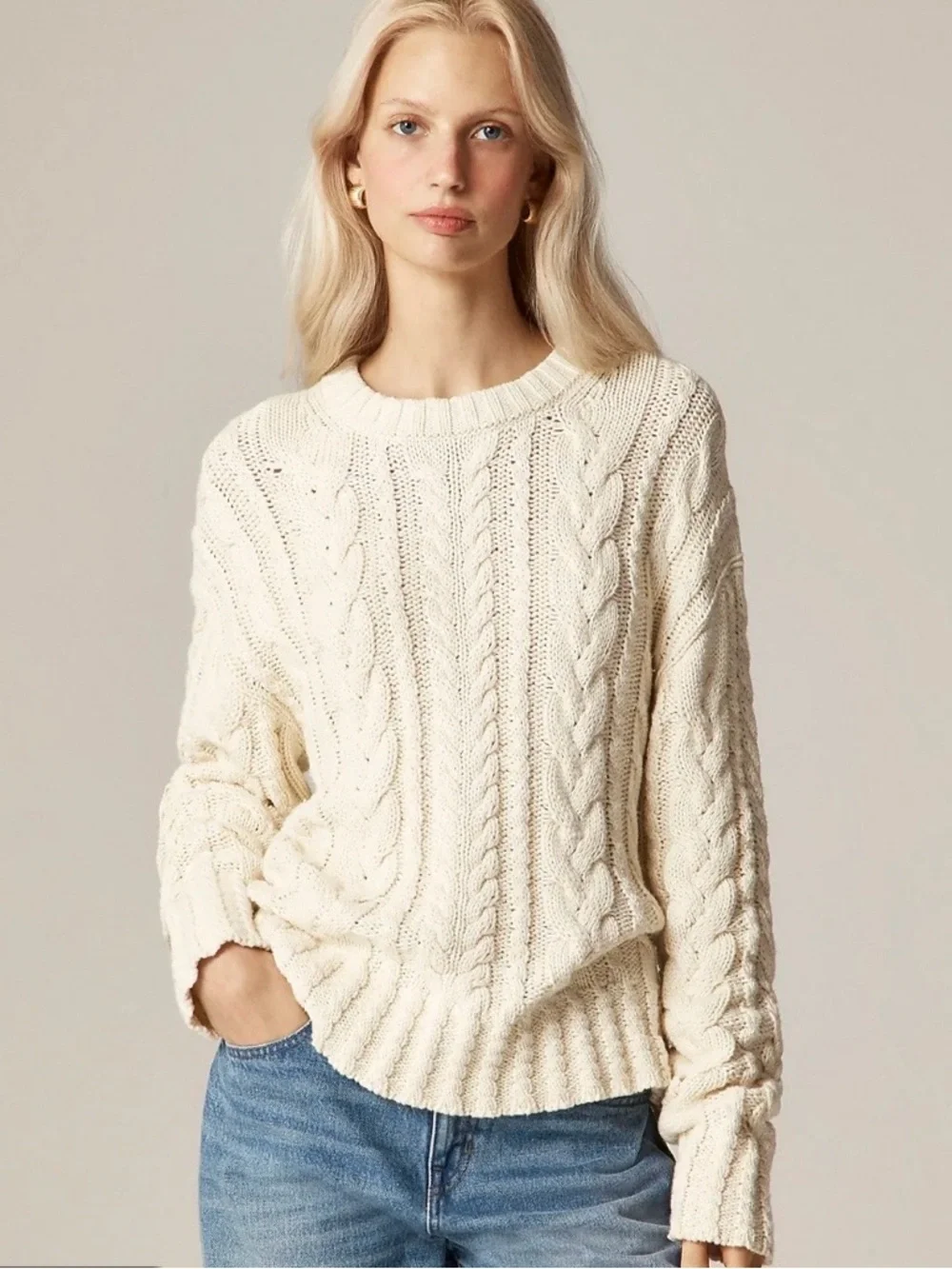 J.Crew Ivory Cable Knit Sweater XL Cotton Crewneck Chunky Fisherman Classic